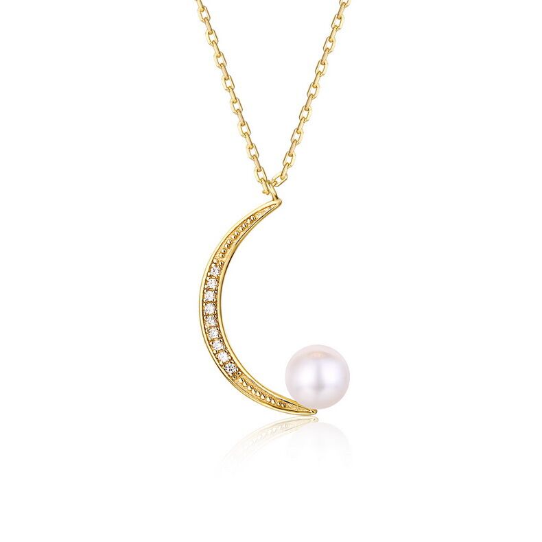 Moon Shaped Pearl Necklace 925 Sterling Silver 9k Yellow Gold Plating